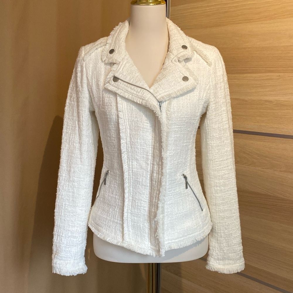 Carolina Belle Cream Tweed Moto Jacket Size Small Zip Front Structured